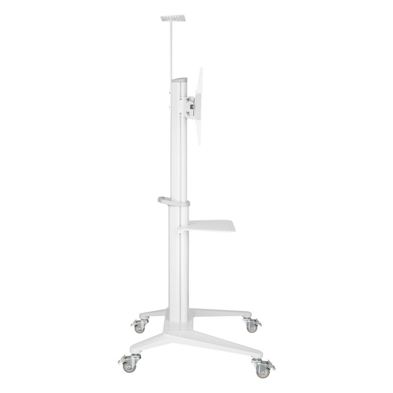 Carrello professionale da pavimento con altezza regolabile per monitor con portata 70kg e VESA fino a 600x400mm, completo di ripiano e alloggio per webcam, bianco