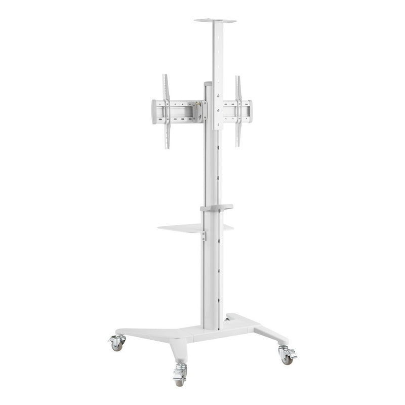 Carrello professionale da pavimento con altezza regolabile per monitor con portata 70kg e VESA fino a 600x400mm, completo di ripiano e alloggio per webcam, bianco