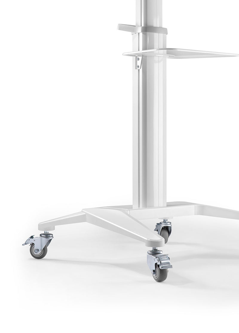 Carrello professionale da pavimento con altezza regolabile per monitor con portata 70kg e VESA fino a 600x400mm, completo di ripiano e alloggio per webcam, bianco