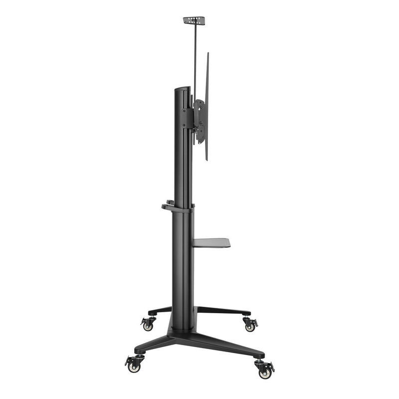 Carrello professionale da pavimento con altezza regolabile per monitor con portata 140kg e VESA fino a 1000x600mm, completo di ripiano e alloggio per webcam, nero