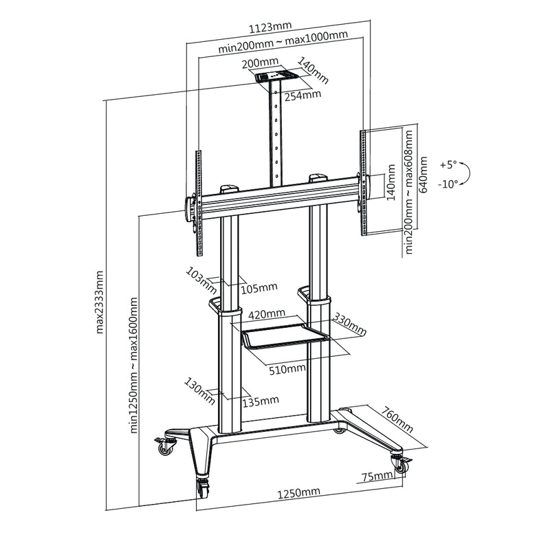 Carrello professionale da pavimento con altezza regolabile per monitor con portata 140kg e VESA fino a 1000x600mm, completo di ripiano e alloggio per webcam, nero