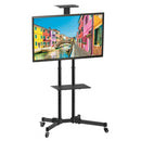 Carrello da pavimento con ruote e altezza regolabile con staffa inclinabile per monitor con portata 50kg e VESA fino a 600x400mm, completo di ripiano e alloggio per webcam, nero