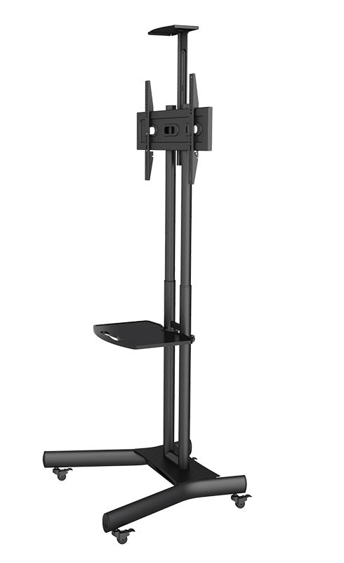 Carrello professionale da pavimento con altezza regolabile per monitor con portata 50kg e VESA fino a 600x400mm, completo di ripiano e alloggio per webcam, nero