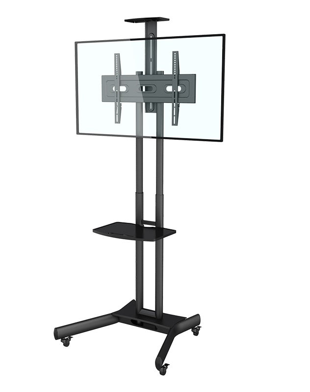 Carrello professionale da pavimento con altezza regolabile per monitor con portata 50kg e VESA fino a 600x400mm, completo di ripiano e alloggio per webcam, nero