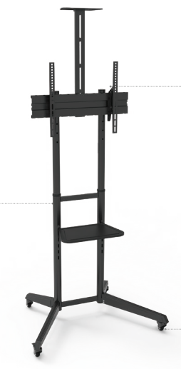 Carrello professionale da pavimento per monitor con portata 50kg e VESA fino a 600x400mm con supporto inclinabile, completo di ruote rimovibili e frenanti, ripiano e alloggio per webcam, nero