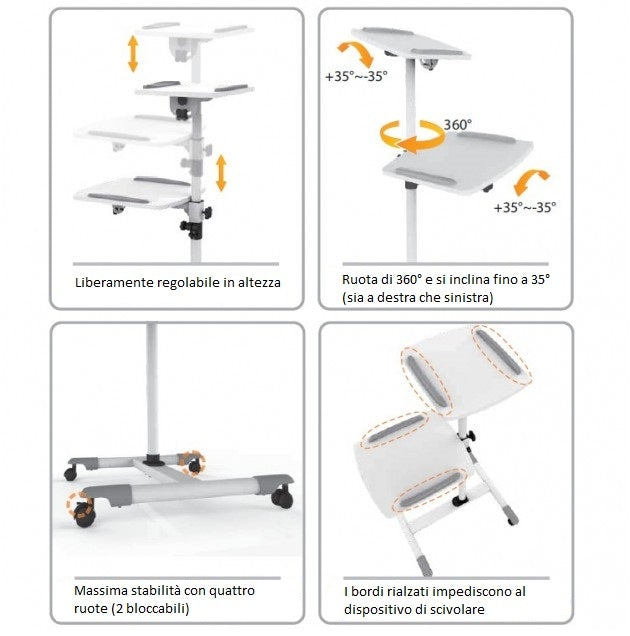 Tavolino 2 ripiani con rotelle e struttura regolabile
