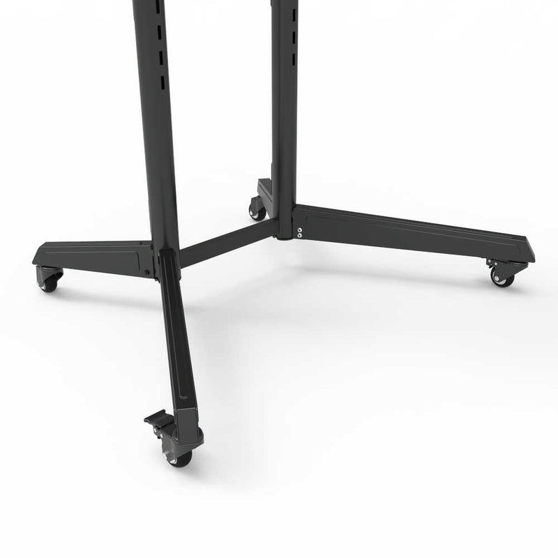 Carrello professionale da pavimento per monitor con portata 50kg e VESA fino a 600x400mm con supporto inclinabile, completo di ruote rimovibili e frenanti, ripiano e alloggio per webcam, nero