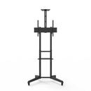 Carrello professionale da pavimento per monitor con portata 50kg e VESA fino a 600x400mm con supporto inclinabile, completo di ruote rimovibili e frenanti, ripiano e alloggio per webcam, nero