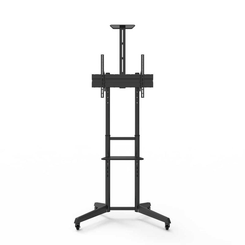 Carrello professionale da pavimento per monitor con portata 50kg e VESA fino a 600x400mm con supporto inclinabile, completo di ruote rimovibili e frenanti, ripiano e alloggio per webcam, nero