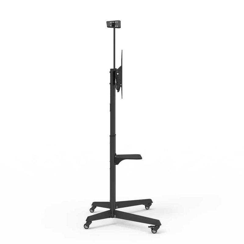 Carrello professionale da pavimento per monitor con portata 50kg e VESA fino a 600x400mm con supporto inclinabile, completo di ruote rimovibili e frenanti, ripiano e alloggio per webcam, nero