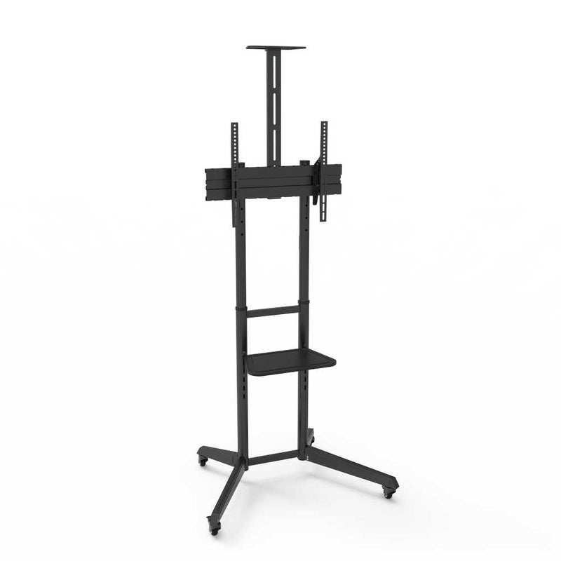 Carrello professionale da pavimento per monitor con portata 50kg e VESA fino a 600x400mm con supporto inclinabile, completo di ruote rimovibili e frenanti, ripiano e alloggio per webcam, nero