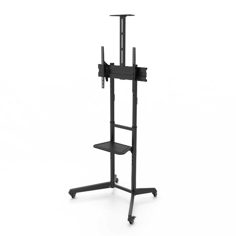 Carrello professionale da pavimento per monitor con portata 50kg e VESA fino a 600x400mm con supporto inclinabile, completo di ruote rimovibili e frenanti, ripiano e alloggio per webcam, nero