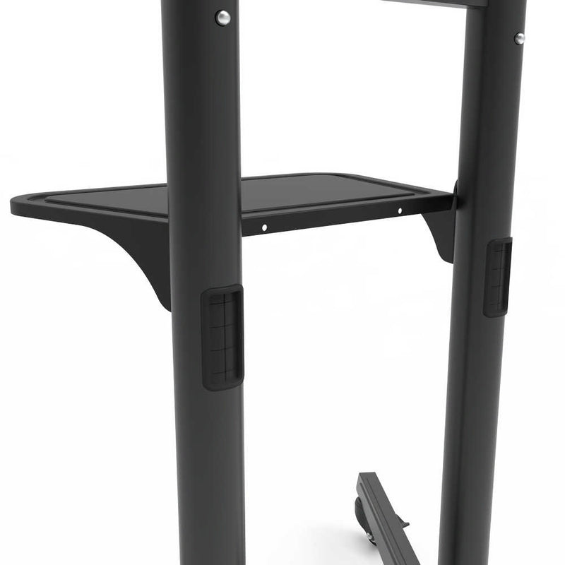 Carrello professionale da pavimento per monitor con portata 50kg e VESA fino a 600x400mm con supporto inclinabile, completo di ruote rimovibili e frenanti, ripiano e alloggio per webcam, nero