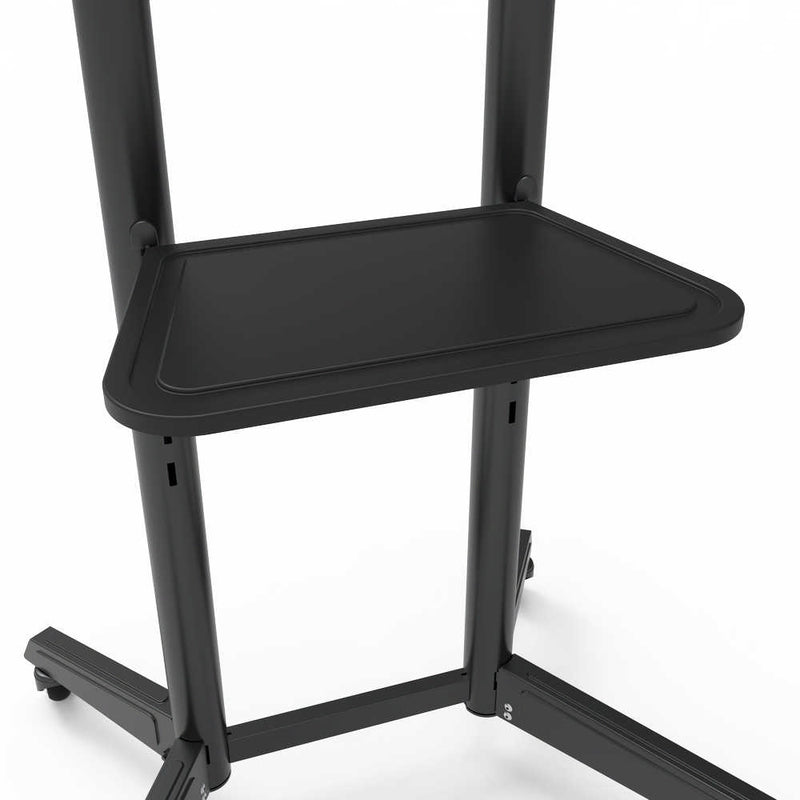 Carrello professionale da pavimento per monitor con portata 50kg e VESA fino a 600x400mm con supporto inclinabile, completo di ruote rimovibili e frenanti, ripiano e alloggio per webcam, nero