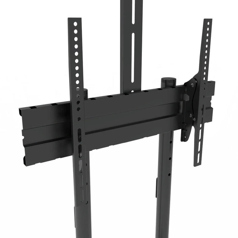 Carrello professionale da pavimento per monitor con portata 50kg e VESA fino a 600x400mm con supporto inclinabile, completo di ruote rimovibili e frenanti, ripiano e alloggio per webcam, nero