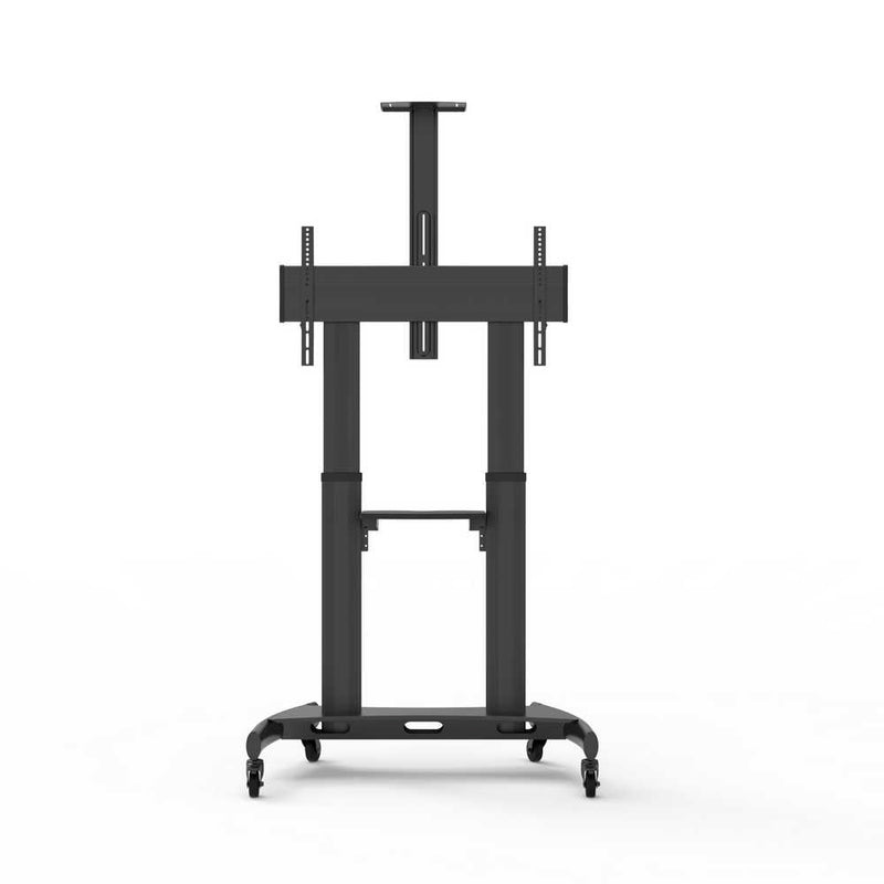 Carrello professionale da pavimento per monitor con portata 70kg e VESA fino a 800x400mm, completo di ripiano e alloggio per webcam, nero