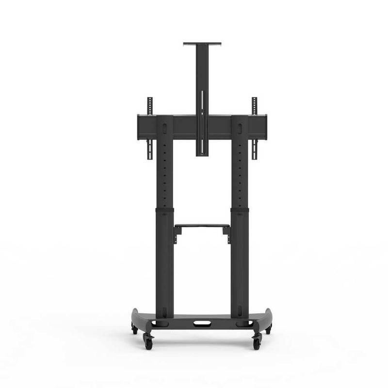 Carrello professionale da pavimento per monitor con portata 70kg e VESA fino a 800x400mm, completo di ripiano e alloggio per webcam, nero