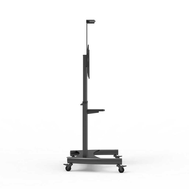 Carrello professionale da pavimento per monitor con portata 70kg e VESA fino a 800x400mm, completo di ripiano e alloggio per webcam, nero