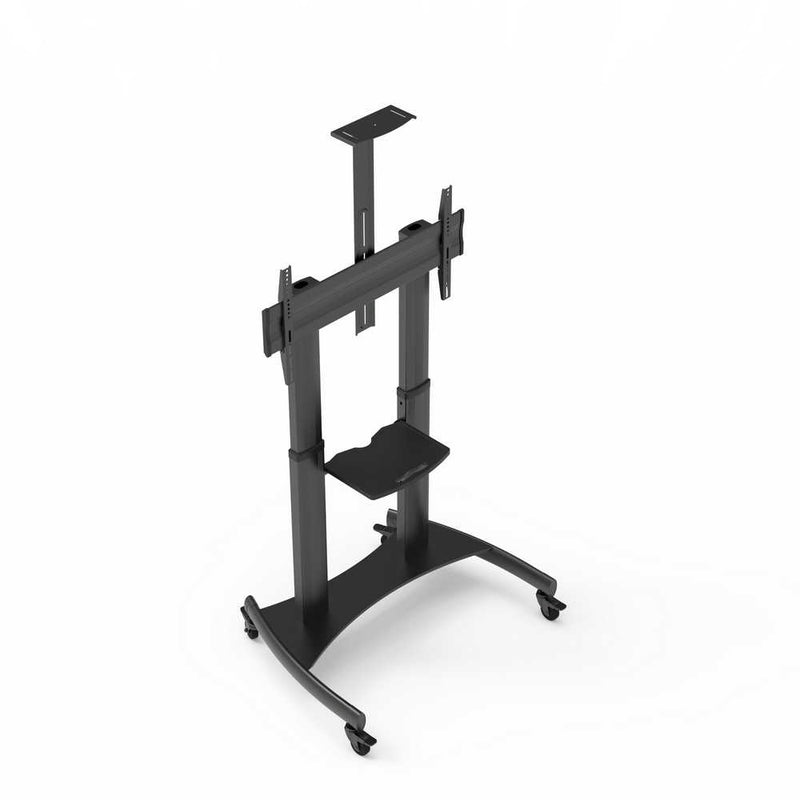 Carrello professionale da pavimento per monitor con portata 70kg e VESA fino a 800x400mm, completo di ripiano e alloggio per webcam, nero