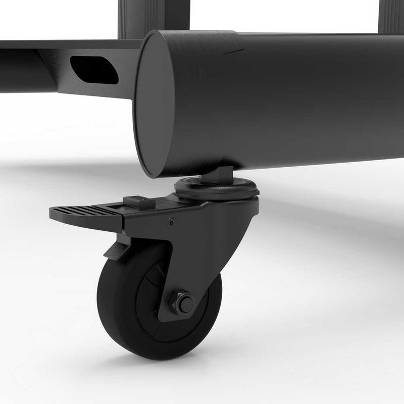 Carrello professionale da pavimento per monitor con portata 70kg e VESA fino a 800x400mm, completo di ripiano e alloggio per webcam, nero