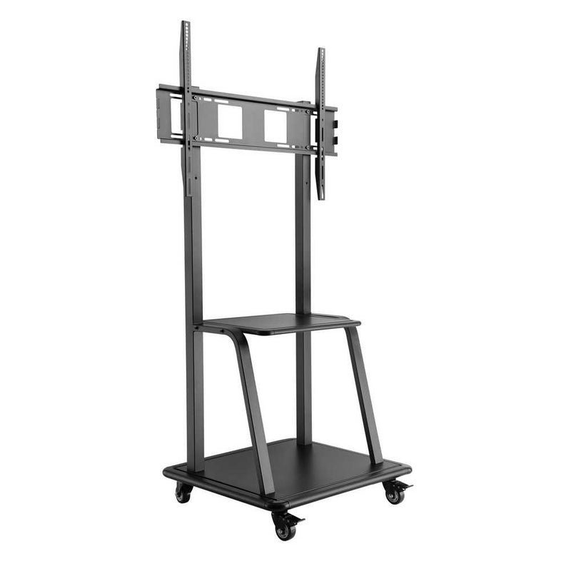 Carrello professionale da pavimento per monitor con portata 150kg e VESA fino a 800x600mm, completo di ripiano e base per appoggio, nero