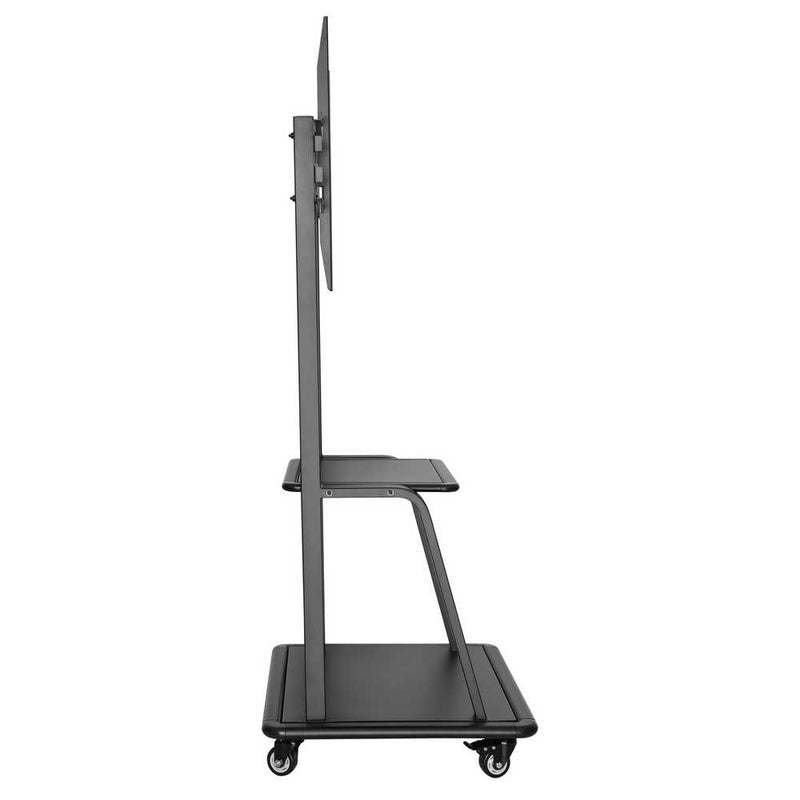 Carrello professionale da pavimento per monitor con portata 150kg e VESA fino a 800x600mm, completo di ripiano e base per appoggio, nero