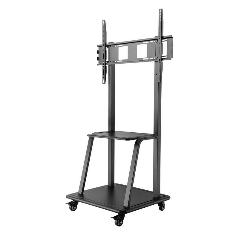 Carrello professionale da pavimento per monitor con portata 150kg e VESA fino a 800x600mm, completo di ripiano e base per appoggio, nero