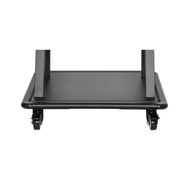 Carrello professionale da pavimento per monitor con portata 150kg e VESA fino a 800x600mm, completo di ripiano e base per appoggio, nero