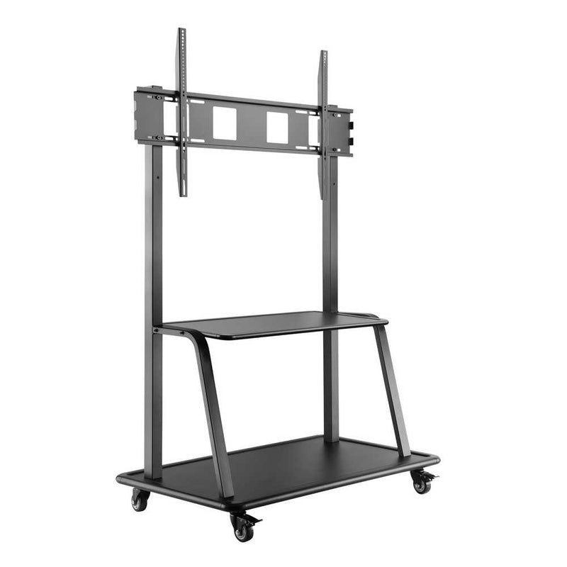 Carrello professionale da pavimento per monitor con portata 150kg e VESA fino a 1000x600mm, completo di ripiano e base per appoggio, nero