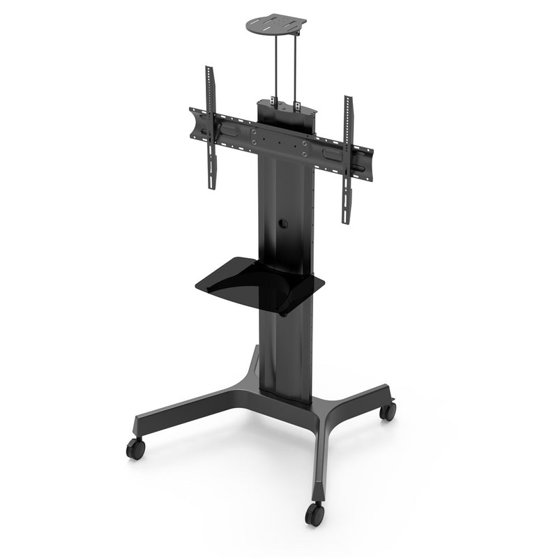 Carrello professionale da pavimento per monitor con portata 90kg e VESA fino a 900x600mm, completo di ripiano e alloggio per webcam, nero