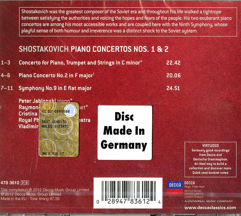 Peter Jablonski( Piano), Raymond Simmons( Tromba), Vladimir Ashkenazy( Direttore) - Piano Concerto No.1 E No.2 ,Sinfonia No.9 Cd 0028947836124
