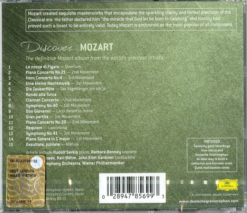 Serkin( Piano), Bonney( Soprano), Abbado( Direttore), Bohm Karl( Direttore) - Discover Mozart (Piano Concerto Nr.21,Horn Concerto Nr.4,Eine Kleine Nachtmusic CD 0028947856993