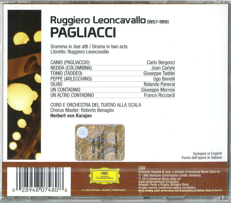 Karajan Herbert( Direttore), Bergonzi( Tenore), Taddei( Baritono) - I Pagliacci (Dramma In Due Atti) Cd 0028948074808