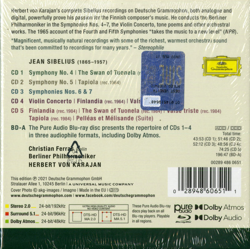 Karajan Herbert Von, Berliner Philharmoniker - Complete Recordings On Deutsche Grammophon, Sibelius Sinfonie Comp.(Box 5Cd + Br Cd 0028948606511