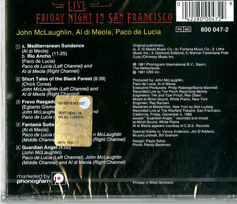 De Lucia Paco, Di Meola Al - Friday Night In San Francisco CD 0042280004729