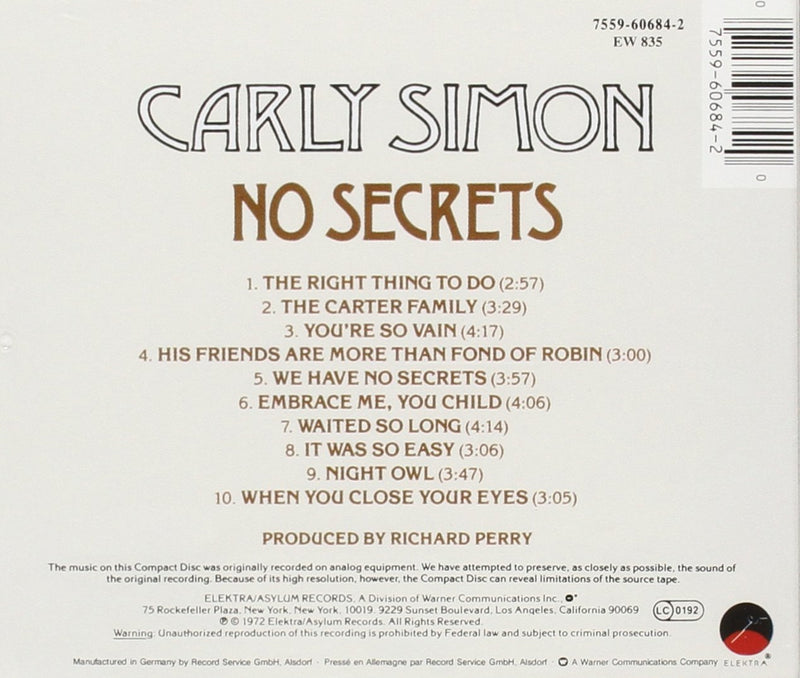 Simon Carly - No Secrets Cd 0075596068420