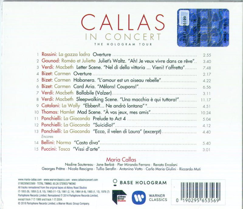 Maria Callas - Callas In Concert The Hologram Tour CD 0190295653569