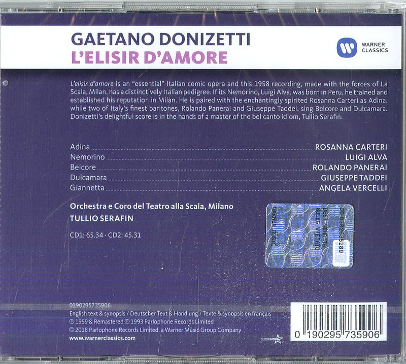 Tullio Serafin( Direttore), Orchestra E Coro Del Teatro Alla Scala - L'Elisir D'Amore (Opera Completa) Cd 0190295735906