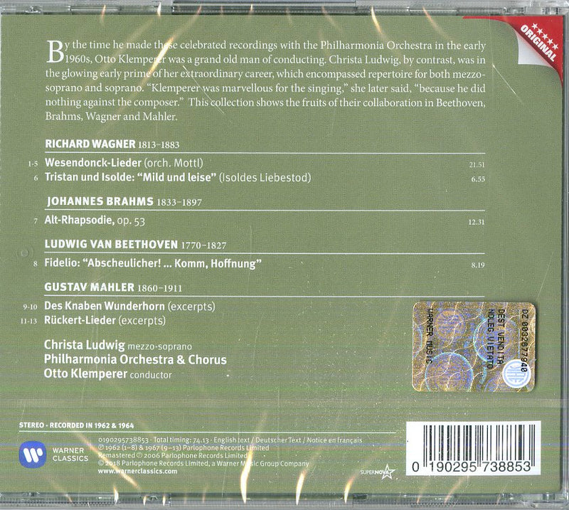 Christa Ludwig( Mezzo-Soprano), Philharmonia Orchestra & Chorus, Otto Klemperer - Brahms, Wagner, Beethoven, Mahler, Lieder Cd 0190295738853