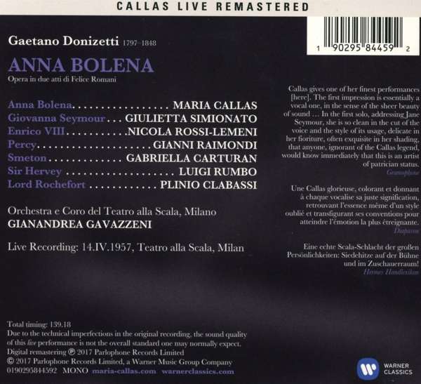 Maria Callas( Soprano), Plinio Clabassi( Basso), Giulietta Simionato( Mezzo Sopra - Anna Bolena (2017)(Milano 14-04-1957)(Opera Completa) Cd 0190295844592