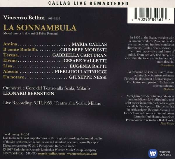 Callas Maria( Soprano), Leonard Bernstein( Direttore), Giuseppe Nessi( Tenore) - La Sonnambula (2017)(Milano 05-03-1955)(Dgp)(Opera Completa) Cd 0190295844653