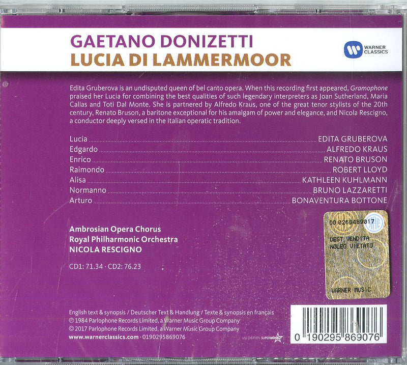 Nicola Rescigno( Direttore), Edita Gruberova( Lucia), Alfredo Kraus( Edgardo) - Lucia Di Lammermoor (Opera Completa) CD 0190295869076