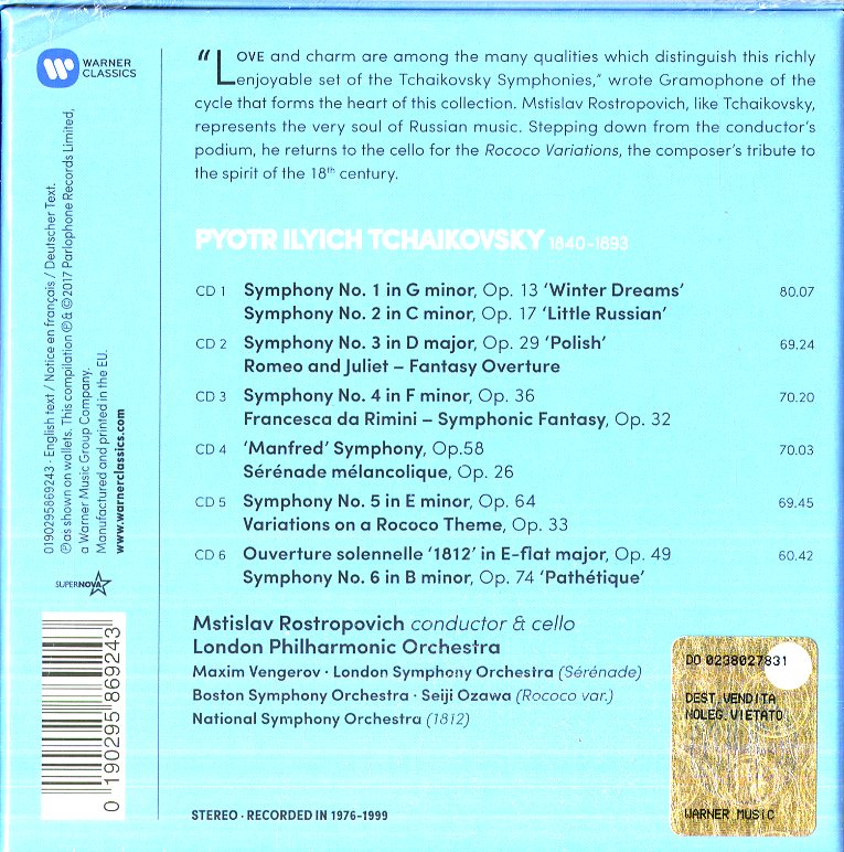 Mstislav Rostropovic( Direttore, Violoncello) - Symphonies No.1-6 (Sinfonie No.1-6)(Box6Cd) Cd 0190295869243