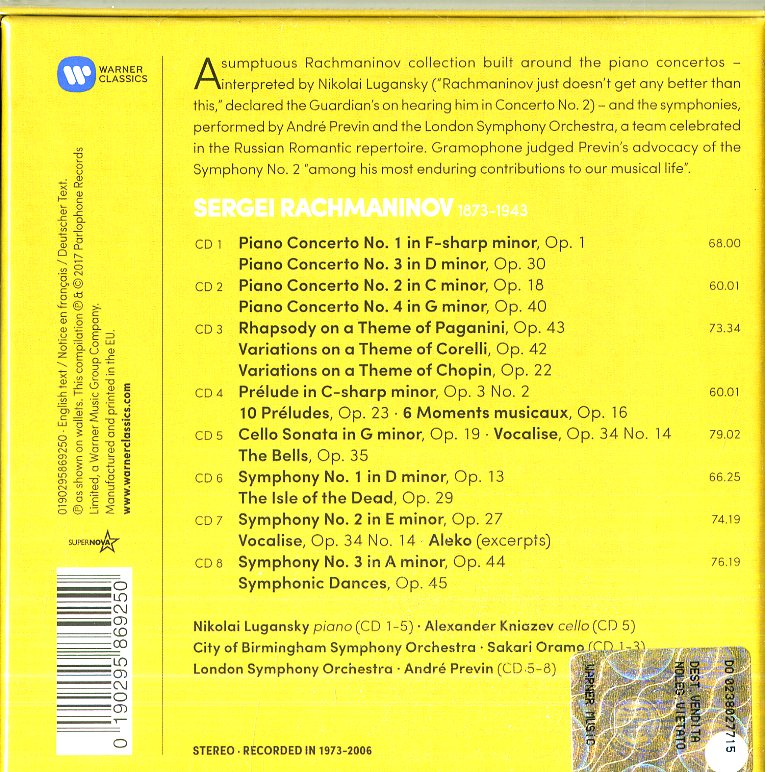 Nikolai Lugansky (Piano) - The 4 Piano Concertos,Piano Works..(Box8Cd)(4 Concerti Per Pianoforte-3 Sinfonie Cd 0190295869250