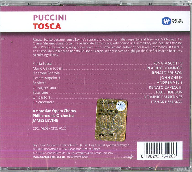 James Levine( Direttore), Scotto, Domingo, Bruson, - Tosca (Opera Completa) CD 0190295934200