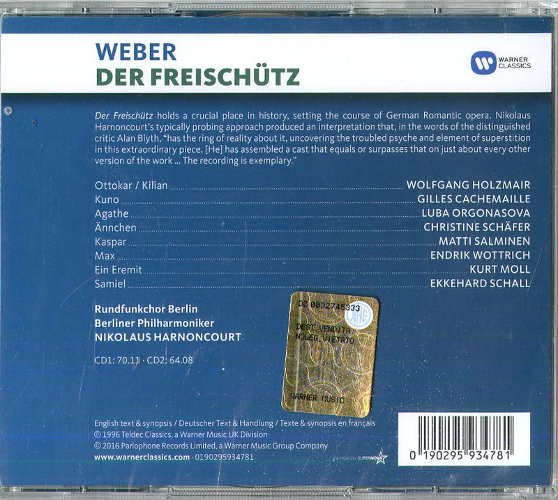 Nikolaus Harnoncourt( Direttore), Berliner Philharmoniker - Il Franco Cacciatore (Der FreischÃ¼tz) CD 0190295934781