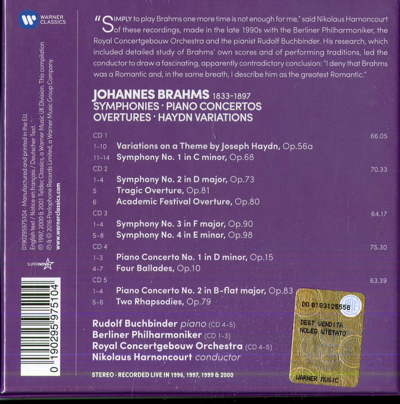 Nikolaus Harnoncourt( Direttore), Rudolf Buchbinder( Piano) - Symphonies, Overtures,Haydn Variations & Piano Concertos (Box5Cd) Cd 0190295975104