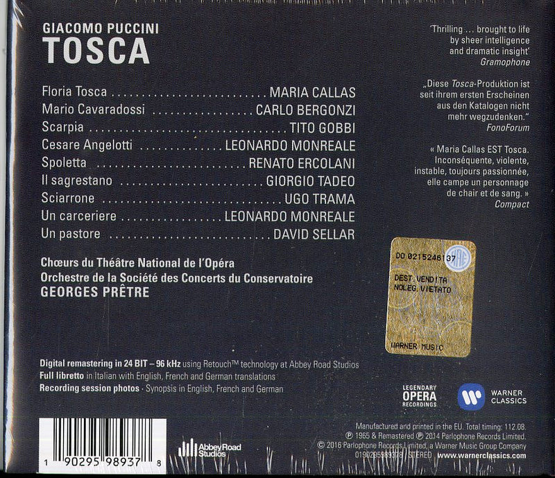 Maria Callas( Soprano), Bergonzi( Tenore), Gobbi, Monreale, - Tosca (1965,2016R)(2Cd+Libretto) CD 0190295989378