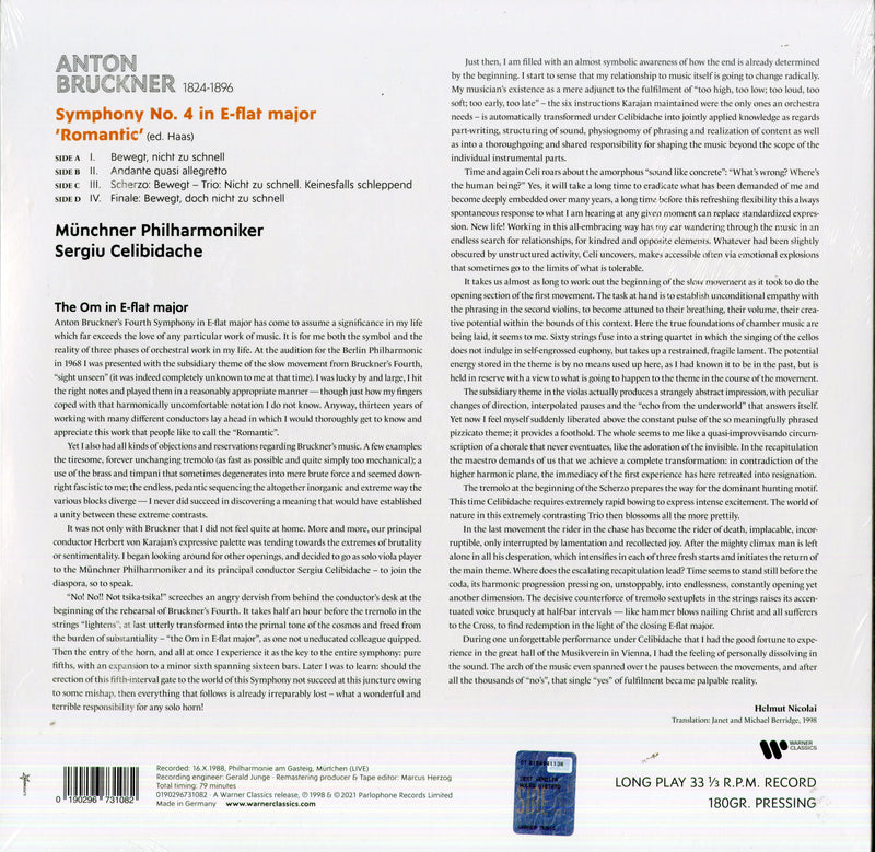 Sergiu Celibidache - Bruckner Symphony No.4 Lp 0190296731082