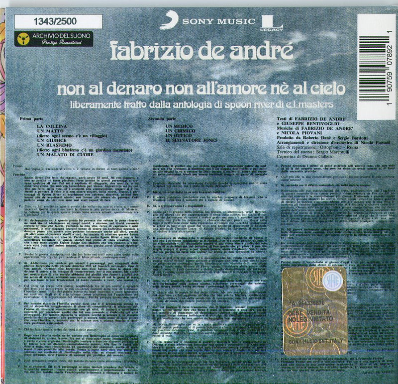 De Andre' Fabrizio - Non Al Denaro, Non All'Amore Ne Al Cielo (Vinyl Replica Limited Rimasterizzato.. Cd 0190759078921